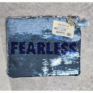 Disney Frozen 2 Sequin Pencil Pouch Makeup Bag Blue Silver Snowflake Charm NWT